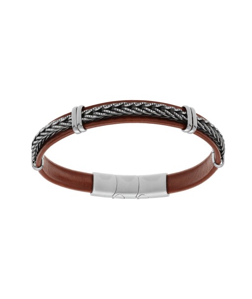 Bracelet acier et cuir bovin marron avec tresse double fermoir destockage