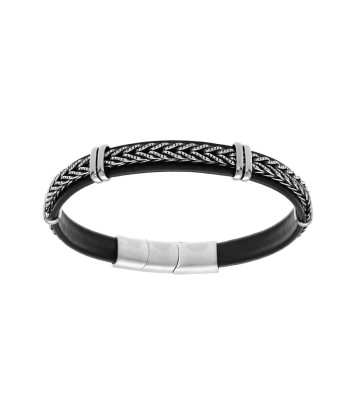 Bracelet acier et cuir bovin noir avec tresse double fermoir solde