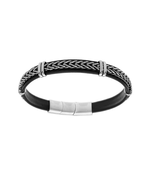 Bracelet acier et cuir bovin noir avec tresse double fermoir solde