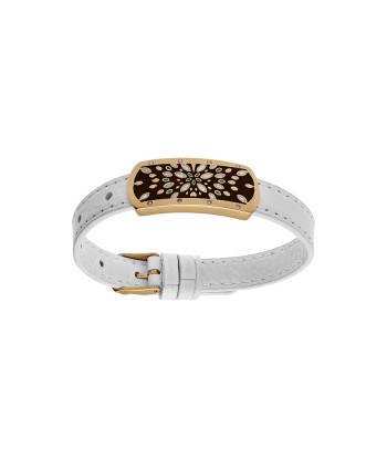 Bracelet acier et pvd jaune et cuir bovin blanc motif rectangulaire avec résine réglable Par le système avancé 