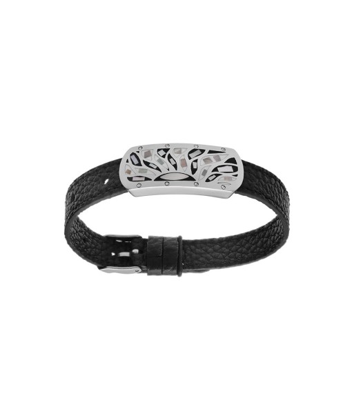 Bracelet acier et cuir bovin noir motif rectangulaire résine et nacre blanche et noire régalble 2 - 3 jours ouvrés.