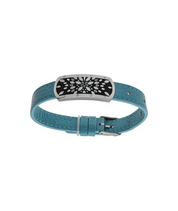 Bracelet acier et cuir bovin turquoise motif rectangulaire résine et nacre réglable de technologie