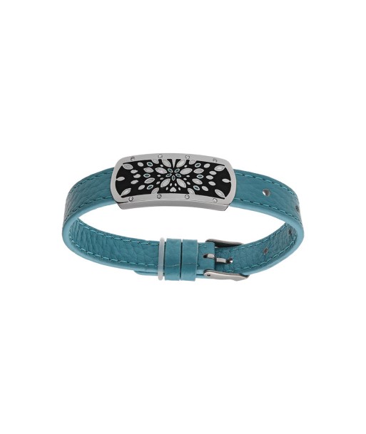 Bracelet acier et cuir bovin turquoise motif rectangulaire résine et nacre réglable de technologie