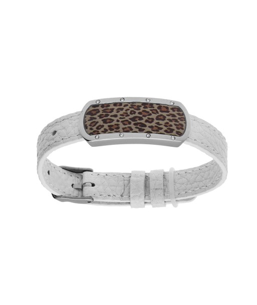 Bracelet acier et cuir bovin blanc motif rectangulaire avec résine leopard réglable JUSQU'A -70%! 