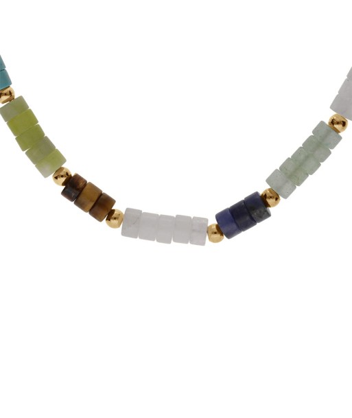 Collier acier rondelles sodalite, olivine, quartz, oeil de tigre véritable et turquoise imitation ou a consommer sur place