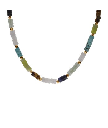 Collier acier rondelles sodalite, olivine, quartz, oeil de tigre véritable et turquoise imitation ou a consommer sur place