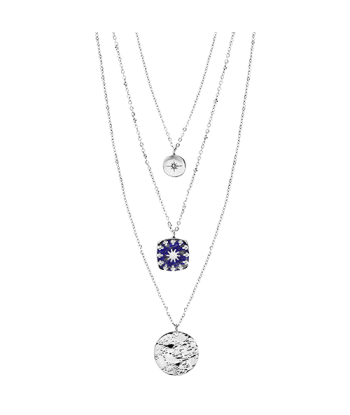 Collier acier trois rangs deux pendentifs ronds et un carré bleu ouvre sa boutique