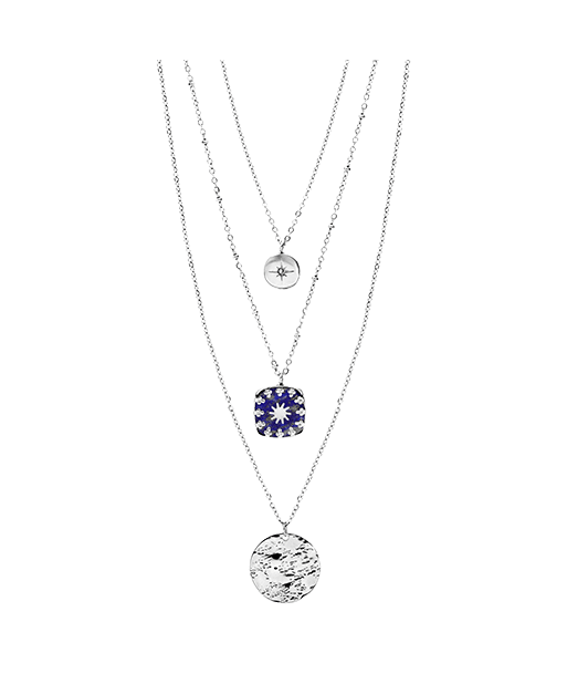 Collier acier trois rangs deux pendentifs ronds et un carré bleu ouvre sa boutique