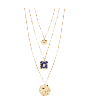 Collier acier trois rangs deux pendentifs ronds et un carré bleu ouvre sa boutique